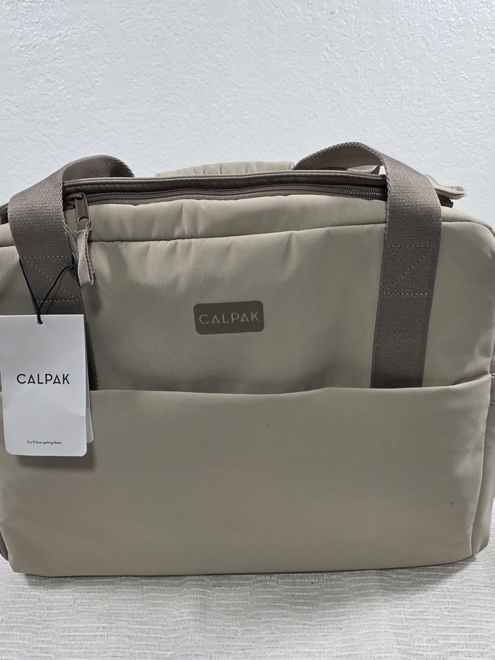 CALPAK Womans Laptop Tote with Contrasting Straps Greige NEW